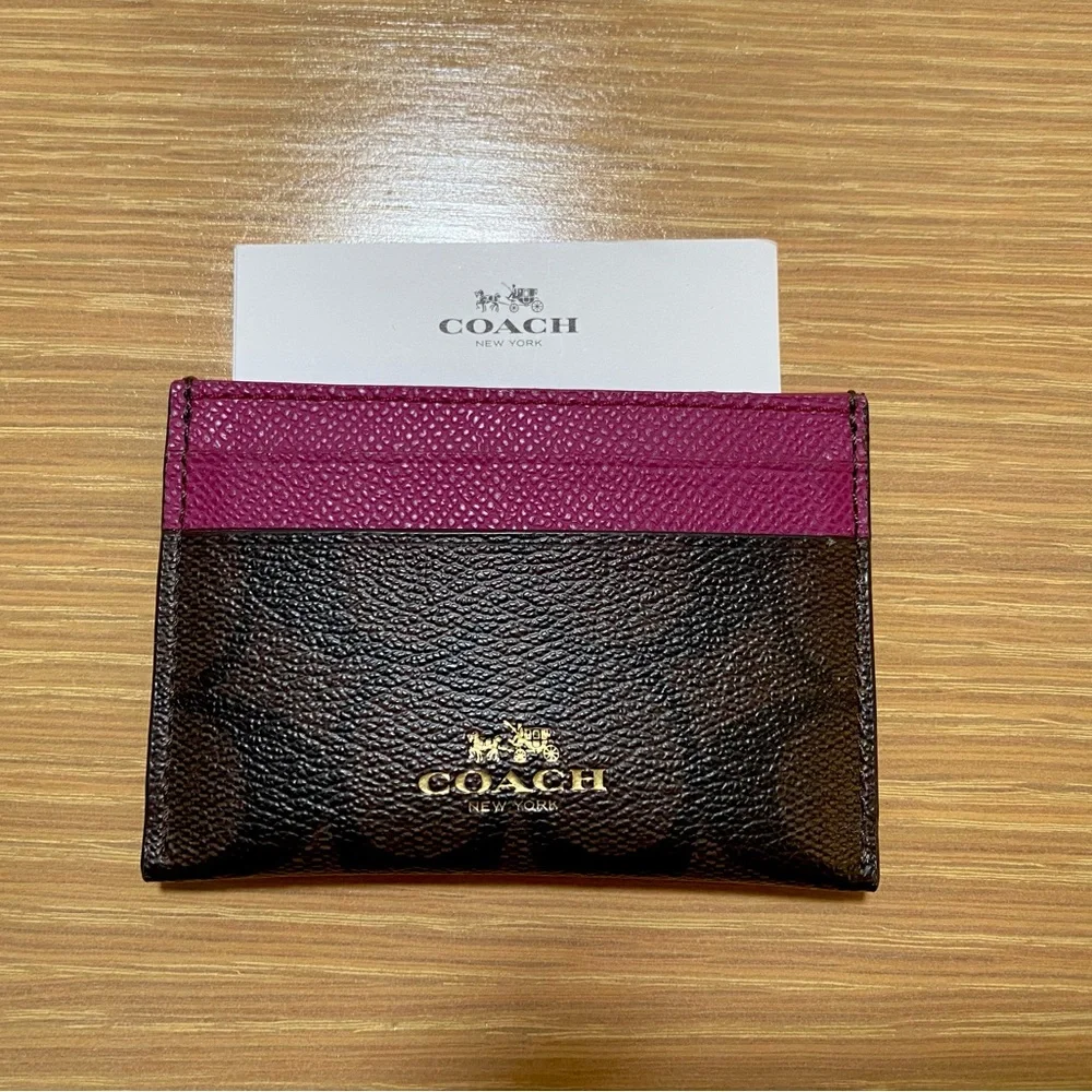 NWT Coach canvas card case wallet Raspberry Pink And Brown With Signature Logo